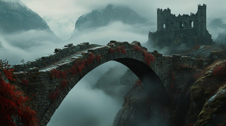 An imposing ancient castle stands in the mist, its weathered stones merging with the landscape. An arched stone bridge connects the castle to the rocky terrain, hinting at forgotten stories.の素材