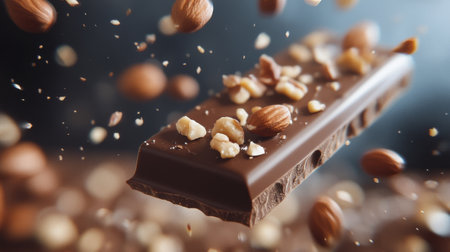 A chocolate bar rests on a wooden surface, surrounded by scattered nuts and flying fragments of chocolate, creating a dynamic and appetizing display in a dark kitchen environment.の素材