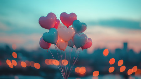 A cluster of heart-shaped balloons floats gently against a beautiful sunset, with vibrant colors illuminating the evening sky and city lights twinkling in the background.の素材