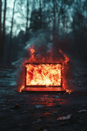 A laptop burns fiercely in a forest clearing at twilight. Flames consume its keyboard while smoke rises amidst the tall trees, creating a surreal and dramatic atmosphere.の素材