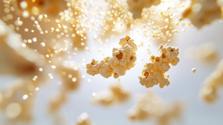 Popcorn kernels hover in mid-air, illuminated by soft lighting, capturing a playful visual moment often associated with movie time, evoking the anticipation of a fun cinematic experience.の素材