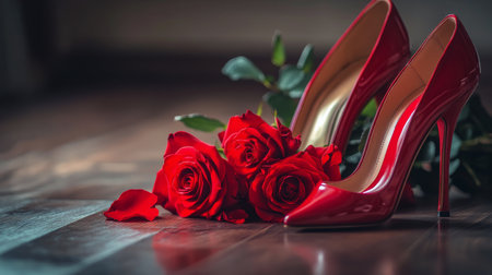 A pair of striking red high-heeled shoes rests elegantly next to vibrant red roses, showing their beauty against a warm wooden floor illuminated by soft indoor lighting.の素材