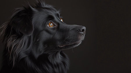 The black dog sits calmly, looking upward with striking bright eyes, showing its attentive and thoughtful nature in soft lighting.の素材