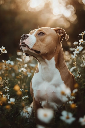 The dog sits attentively in a vibrant meadow filled with wildflowers, illuminated by soft sunlight during golden hour, showing its serene expression and beautiful coat.の素材