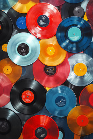 A vibrant collection of vinyl records in various colors, including red, yellow, and blue, is scattered across a surface, showing a mix of classic and modern music styles.の素材