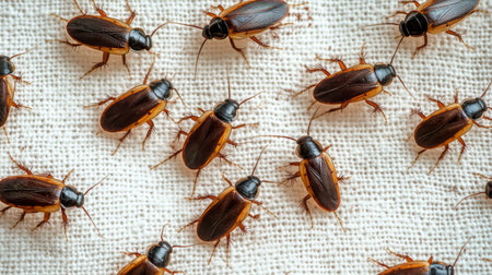 Numerous insects are scattered across a textured fabric, showing their distinct colors and patterns. The setting appears to be indoors, with soft natural lighting illuminating the details.の素材