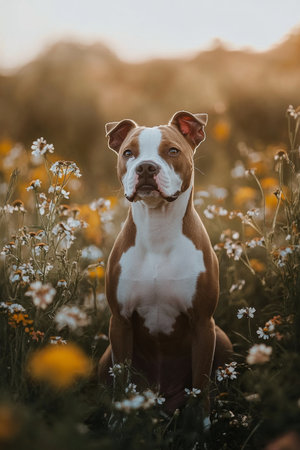 The dog sits attentively in a vibrant meadow filled with wildflowers, illuminated by soft sunlight during golden hour, showing its serene expression and beautiful coat.の素材