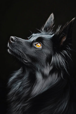 A sleek black dog stands calmly, its shiny coat and striking features illuminated against a dark background. The dog gazes upward, showing its thoughtful expression and warm, brown eyes.の素材