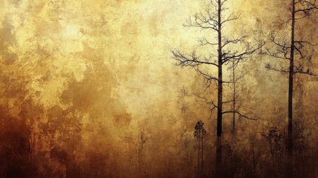 The silhouette of bare trees stands against a vibrant golden backdrop at sunset, creating a tranquil atmosphere in the forest. The colors blend softly, enhancing the natural beauty.の素材
