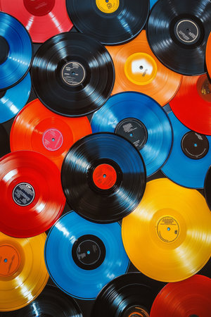 A vibrant collection of vinyl records in various colors, including red, yellow, and blue, is scattered across a surface, showing a mix of classic and modern music styles.の素材