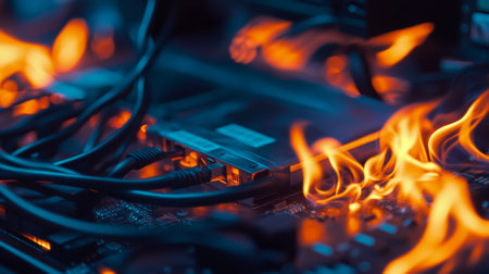 Cables connected to computer hardware are engulfed in flames, illustrating a dangerous overheating situation that poses significant risks to equipment and safety.の素材