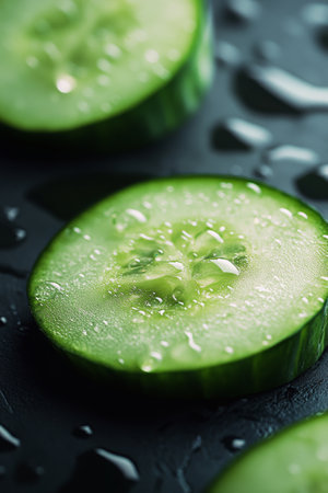 Slices of cucumber glisten with moisture, showing their vibrant green color and textured surface against a dark backdrop. The freshness is highlighted by the water droplets.の素材