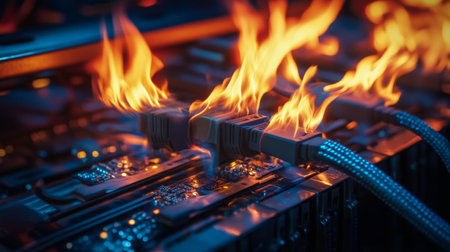 Cables connected to computer hardware are engulfed in flames, illustrating a dangerous overheating situation that poses significant risks to equipment and safety.の素材