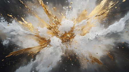 An abstract artwork features dynamic splashes of gold and white paint that radiate from a central point on a dark canvas, creating an energetic visual contrast and artistic depth.の素材