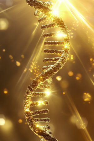 A stunning golden DNA strand stands out against a backdrop of bright light, with radiant particles shimmering around it. This captivating view symbolizes the essence of life and genetic science.の素材