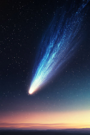 A stunning comet illuminates the night sky, leaving a luminous trail as it moves above rugged mountain peaks at twilight. The deep blue expansion is dotted with stars.の素材