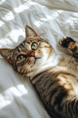 This tabby cat lies comfortably on its back with legs in the air, showing its striped fur and playful demeanor. Soft light highlights its curious expression and relaxed posture.の素材