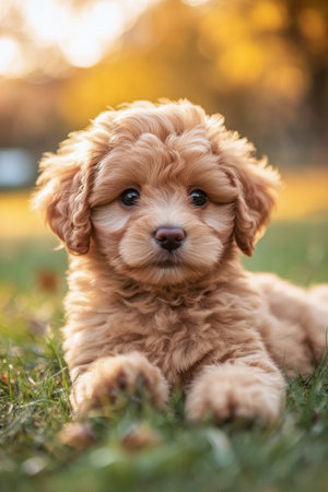 A brown puppy lies contentedly on soft green grass, its big eyes shimmering in the sunlight. This adorable scene captures the essence of playful innocence and tranquility.の素材