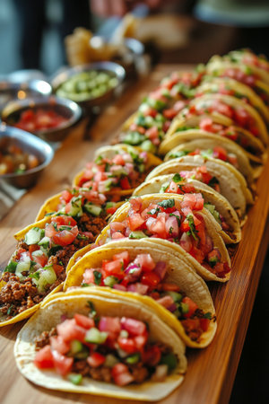 A vibrant display of tacos filled with savory ground meat topped with fresh diced tomatoes and cilantro rests on a wooden boardの素材