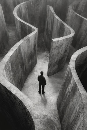 A lone person stands at the center of a circular labyrinth made of concrete walls, surrounded by shadows. The atmosphere evokes a sense of mystery and introspection as dusk approaches.の素材