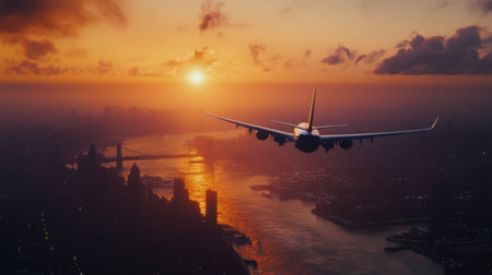 An airplane soars through the colorful sky at sunset, casting shadows over the city skyline and shimmering river below, creating a breathtaking view that captures the essence of travel.の素材