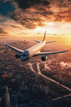 An airplane descends towards the Los Angeles skyline as a vibrant sunset fills the sky with warm hues, creating a breathtaking scene over the urban landscape.の素材