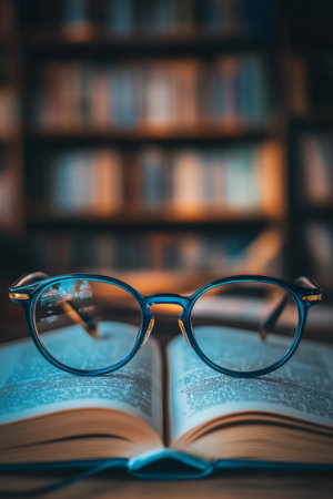 Reading glasses sit on an open book, positioned to showcase the pages, while delicate bokeh lights create a warm and inviting atmosphere in the background, hinting at nighttime.の素材