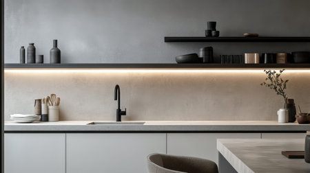 A stylish kitchen showcases a minimalist design with wooden cutting boards, sleek black faucets, and ambient lighting. The setting exudes a warm and inviting atmosphere perfect for cooking.の素材