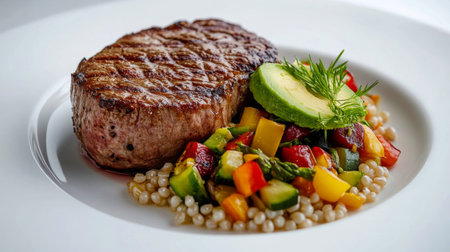 A perfectly grilled steak is garnished with fresh greens, accompanied by colorful vegetables and creamy avocado halves on a white plate, showing culinary artistry.の素材