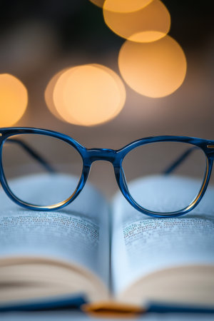 Reading glasses sit on an open book, positioned to showcase the pages, while delicate bokeh lights create a warm and inviting atmosphere in the background, hinting at nighttime.の素材