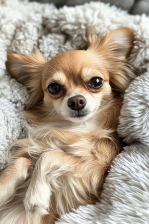 A small Chihuahua lies comfortably on a soft blanket, basking in the afternoon light. Its playful expression and fluffy fur highlight a moment of relaxation and contentment.の素材