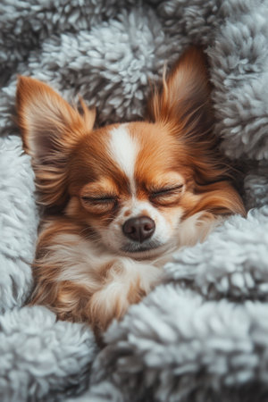 A small Chihuahua lies comfortably on a soft blanket, basking in the afternoon light. Its playful expression and fluffy fur highlight a moment of relaxation and contentment.の素材