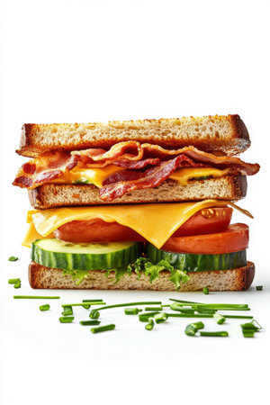 A mouthwatering sandwich features layers of crispy bacon, melted cheese, fresh tomatoes, and crunchy cucumbers, all nestled between slices of golden toasted bread, garnished with chives.の素材