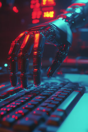 A highly advanced robotic hand reaches out to type on a keyboard, glowing with red and blue lights in a dimly lit space, showing the merging of technology and creativity in a modern setting.の素材