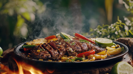 A beautifully cooked steak rests on a sizzling hot stone, surrounded by vibrant peppers and lime slices. The smoky aroma fills the air as nature provides a serene backdrop.の素材