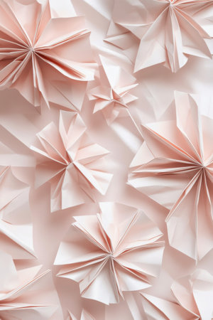 A captivating display of abstract triangular shapes in soft pastel pink and white hues creates a visually serene composition. The arrangement offers a sense of depth and movement.の素材
