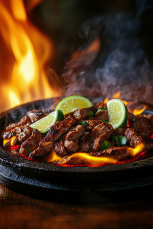 Tender pieces of grilled meat sit atop warm tortillas, garnished with lime and spices, as flames dance in the background, creating a vibrant and appetizing atmosphere.の素材
