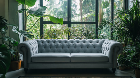 A stylish chesterfield sofa fills a vibrant living space adorned with lush plants and large windows, letting in ample daylight that enhances the cozy atmosphere.の素材