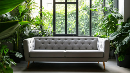 A stylish chesterfield sofa fills a vibrant living space adorned with lush plants and large windows, letting in ample daylight that enhances the cozy atmosphere.の素材