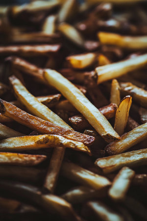 A generous serving of perfectly fried French fries sits invitingly, showcasing a crispy golden exterior and a fluffy interior, ideal for dipping or savoring alone.の素材