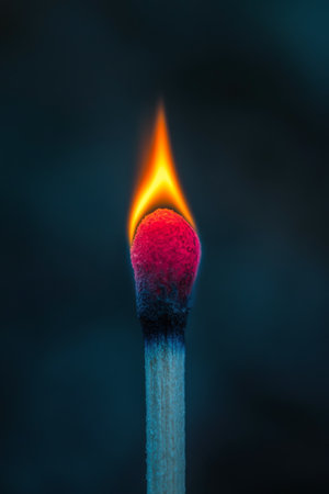 A matchstick stands upright, its head ignited with a bright flame, contrasting against the deep, dark background. The warmth and glow of the fire create an intriguing visual.の素材