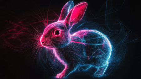 This vibrant illustration features a rabbit outlined in glowing neon colors, showcasing a playful blend of pink and blue against a dark backdrop, creating a lively nighttime atmosphere.の素材