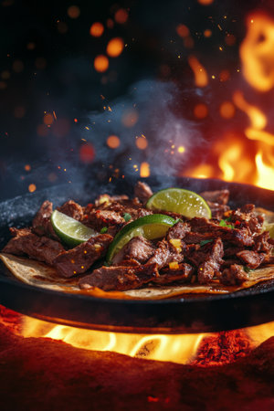 Tender pieces of grilled meat sit atop warm tortillas, garnished with lime and spices, as flames dance in the background, creating a vibrant and appetizing atmosphere.の素材