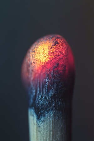 A matchstick stands upright, its head ignited with a bright flame, contrasting against the deep, dark background. The warmth and glow of the fire create an intriguing visual.の素材