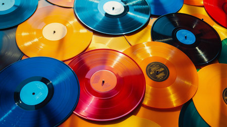 Numerous vibrant vinyl records are spread across a cheerful yellow surface, highlighting their colorful hues and unique styles, creating a lively and nostalgic atmosphere.の素材