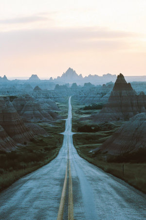A long, winding road cuts through the stunning rock formations of Badlands National Park during sunset, showing the vibrant colors of the sky and the unique geological features of the area.の素材