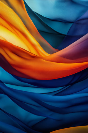Bright, fluid layers of silk fabric intertwine in vibrant colors such as orange, pink, blue, and purple, creating an eye-catching abstract design that conveys movement and energy.の素材