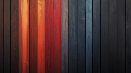 A collection of wooden planks in various colors, including blue, red, orange, and yellow, are aligned vertically, creating a lively and engaging backdrop with a rustic touch.の素材