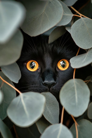 A sleek black cat peers from within lush green eucalyptus leaves, showing its bright yellow eyes. The moment captures a blend of mystery and natural beauty in a serene setting.の素材