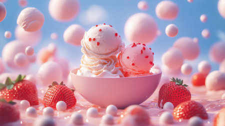 A delightful sundae with creamy scoops of ice cream topped with sprinkles sits in a bowl beside fresh strawberries. The background features an arrangement of colorful spheres, adding a playful touch.の素材